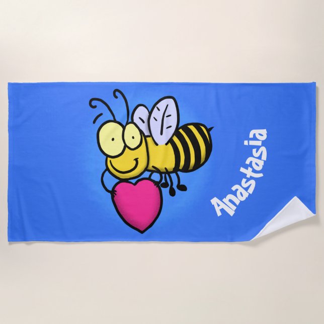 Cute funny bee with heart cartoon illustration beach towel (Front)