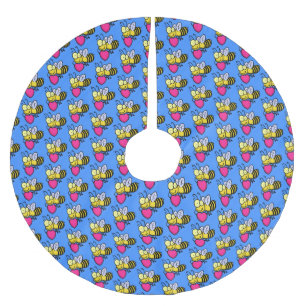 Cute funny bee with heart cartoon illustration brushed polyester tree skirt