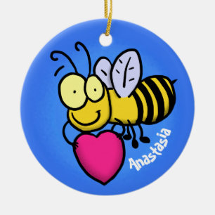 Cute funny bee with heart cartoon illustration ceramic ornament