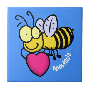 Cute funny bee with heart cartoon illustration ceramic tile