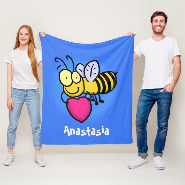 Cute funny bee with heart cartoon illustration fleece blanket (In Situ)