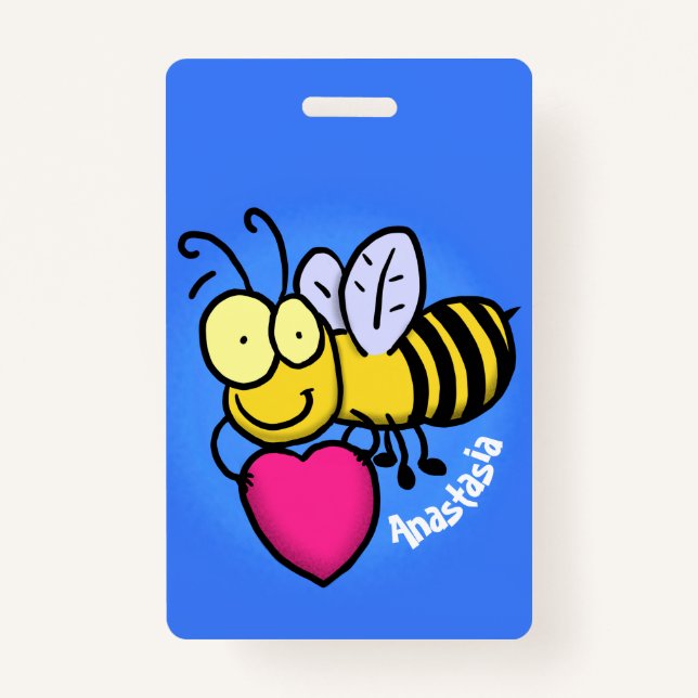 Cute funny bee with heart cartoon illustration ID badge (Front)