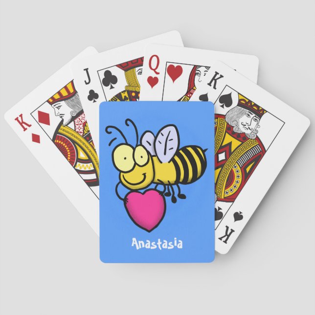 Cute funny bee with heart cartoon illustration playing cards (Back)