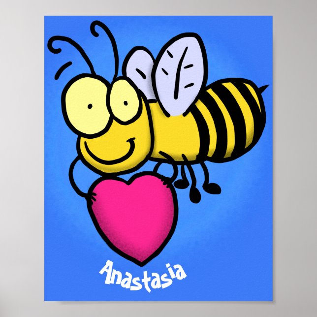 Cute funny bee with heart cartoon illustration poster (Front)