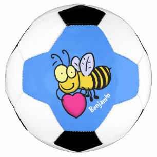 Cute funny bee with heart cartoon illustration soccer ball