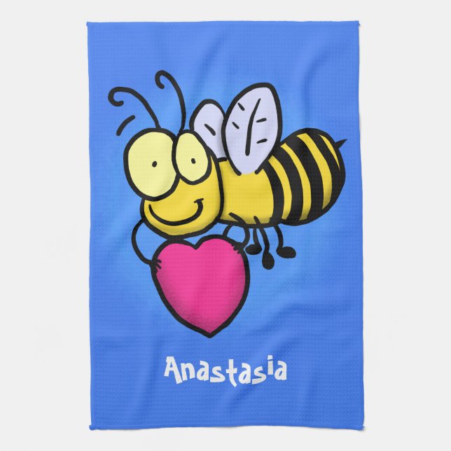Cute funny bee with heart cartoon illustration tea towel (Vertical)