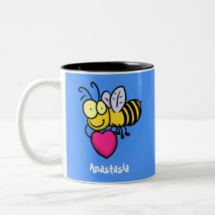 Cute funny bee with heart cartoon illustration Two-Tone coffee mug