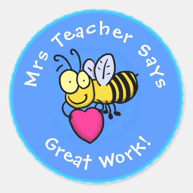 Cute funny bee with heart cartoon teacher award classic round sticker (Front)