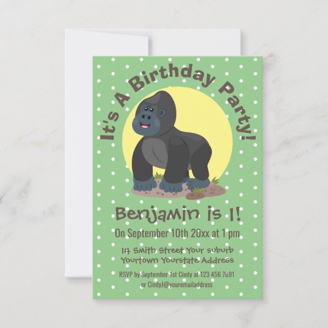 Cute funny big gorilla cartoon illustration invitation (Front)