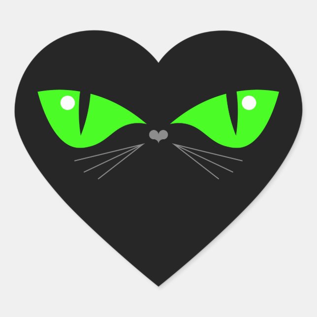 Cute Funny Black Cat Face Green Eyes Whiskers Heart Sticker (Front)
