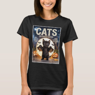 Cute Funny Black Cat In Bat Costume Halloween Zine T-Shirt