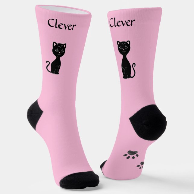 Cute Funny Black Cat & Paws on Light Pink Socks (Angled)