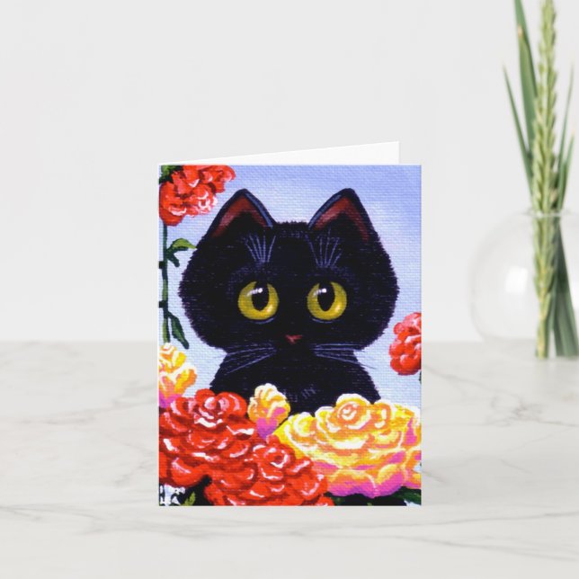 Cute Funny Black Cat Roses Flowers Creationarts Card (Front)