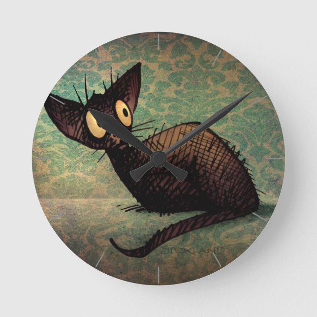 Cute Funny Black Oriental Cat Art Round Clock (Front)