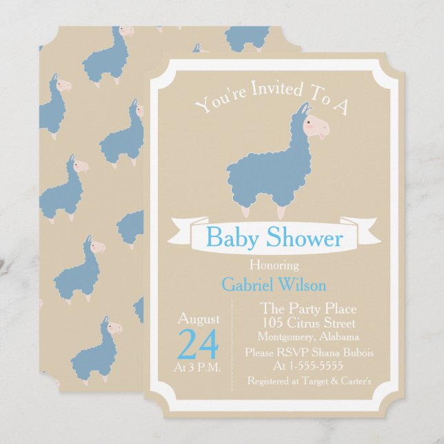 Cute Funny Blue Llama Baby Boy Baby Shower Invitation (Front/Back)