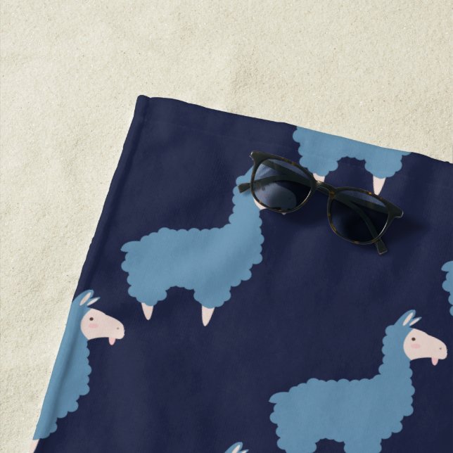 Cute Funny Blue Llamas with Initials Beach Towel (In Situ)