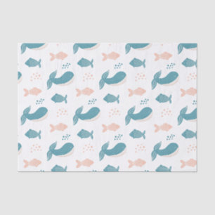 Cute funny blue whale and fish. Nautical animal  Tissue Paper