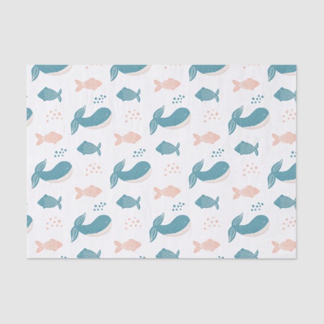 Cute funny blue whale and fish. Nautical animal  Tissue Paper (Front)