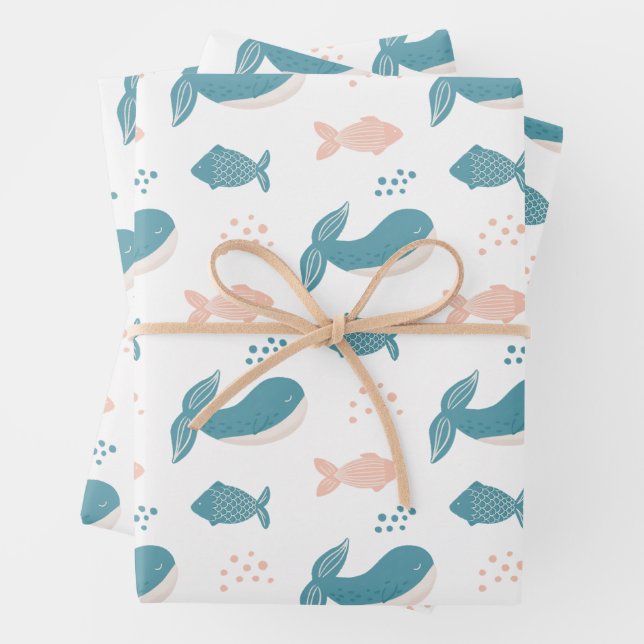 Cute funny blue whale and fish. Nautical animal  Wrapping Paper Sheet (In situ)