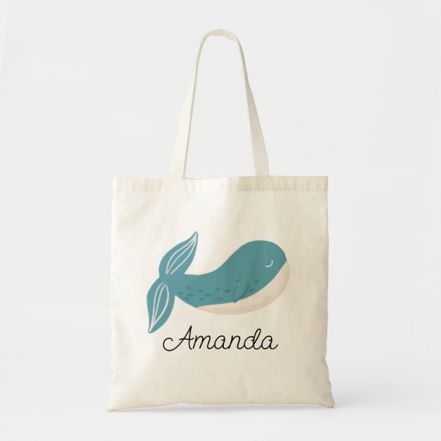 Cute funny blue whale. Nautical ocean animal Tote Bag (Front)