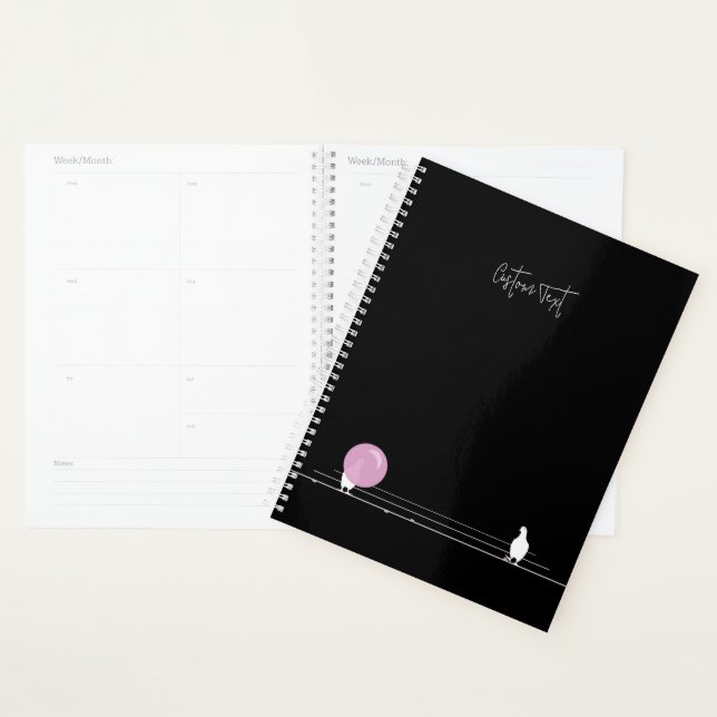 Cute Funny Bubblegum Birds on a Wire Black Planner (Display)
