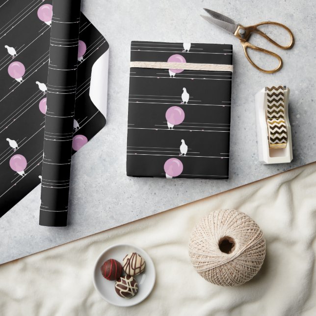 Cute Funny Bubblegum Birds on a Wire Pattern Black Wrapping Paper (Crafts)