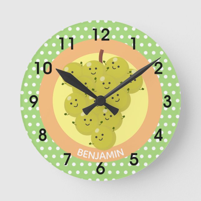 Cute funny bunch of grapes cartoon illustration round clock (Front)