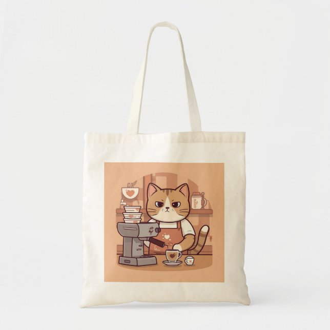 Cute Funny Cartoon Barista Cat Tote Bag (Front)