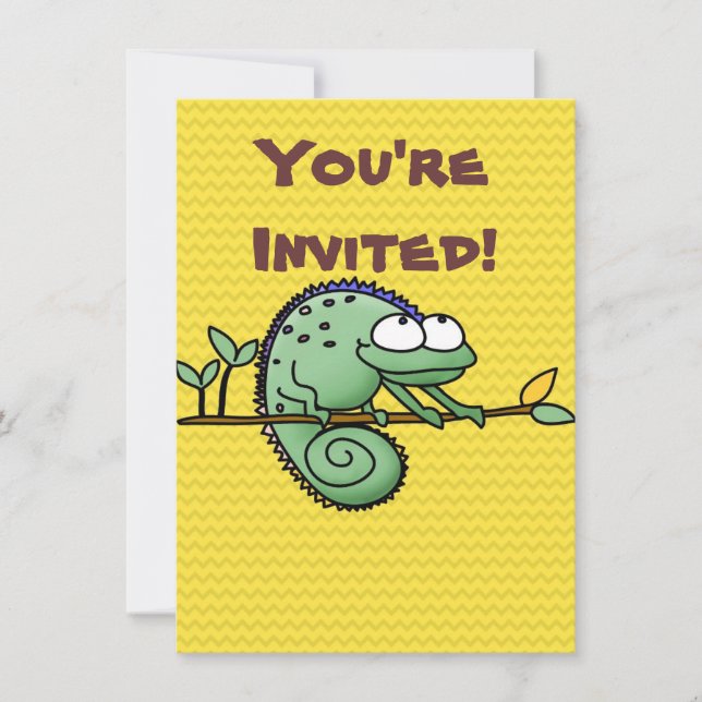 Cute Funny Cartoon Chameleon Green Lizard Invitation (Front)