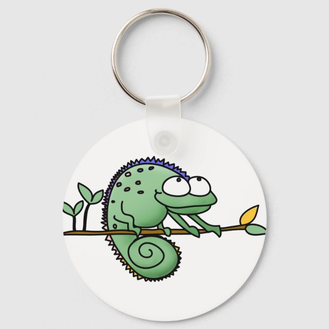 Cute Funny Cartoon Chameleon Green Lizard Key Ring (Front)