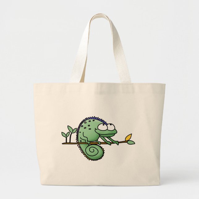 Cute Funny Cartoon Chameleon Green Lizard Large Tote Bag (Front)