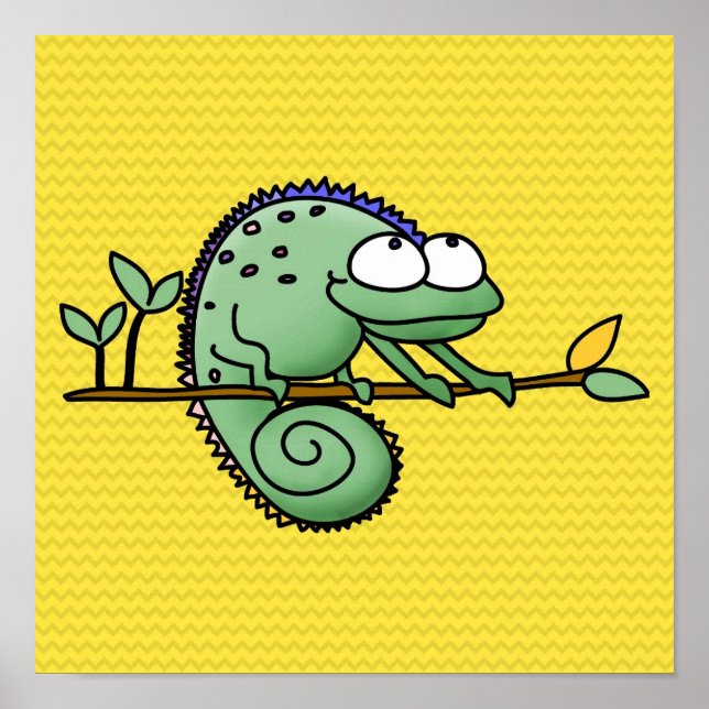 Cute Funny Cartoon Chameleon Green Lizard Poster (Front)