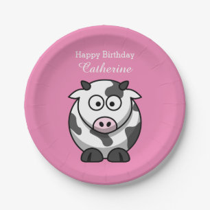 Cute Funny Cartoon Cow Pink Nose Custom Birthday Paper Plate