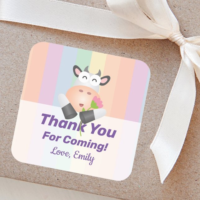 Cute Funny Cartoon Cow Thank You For Coming Square Sticker (Creator Uploaded)