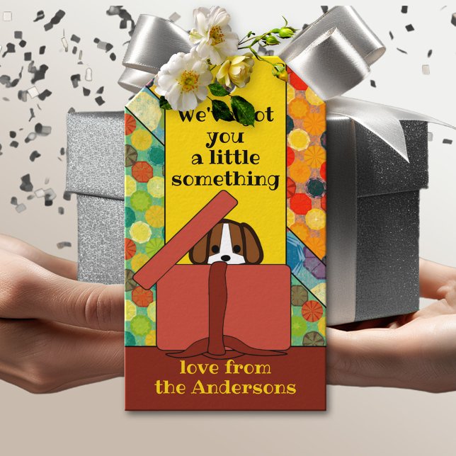 Cute Funny Cartoon Dog Gift Tag (A funny gift tag featuring a cute little puppy in a box on a colorful background)