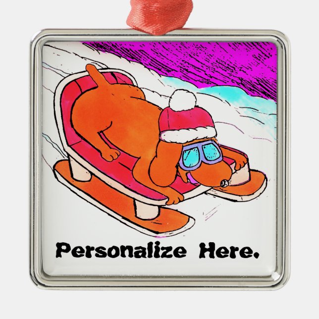 Cute Funny Cartoon Dog Personalizable Metal Ornament (Front)