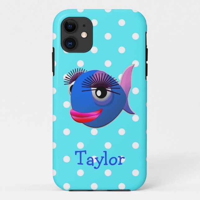 Cute Funny Cartoon Fish Personalised Polka Dots Case-Mate iPhone Case (Back)