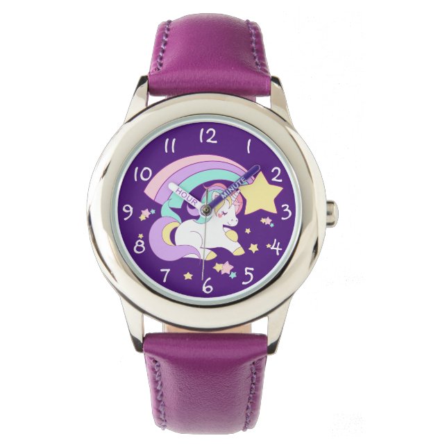 Cute Funny Cartoon Rainbow Unicorn With Numbers Watch (Front)