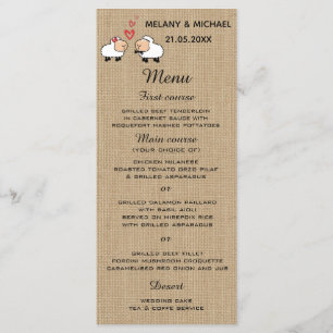Cute funny cartoon sheep in love burlap menu card