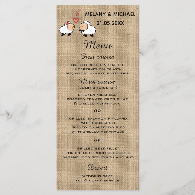 Cute funny cartoon sheep in love burlap menu card (Front)