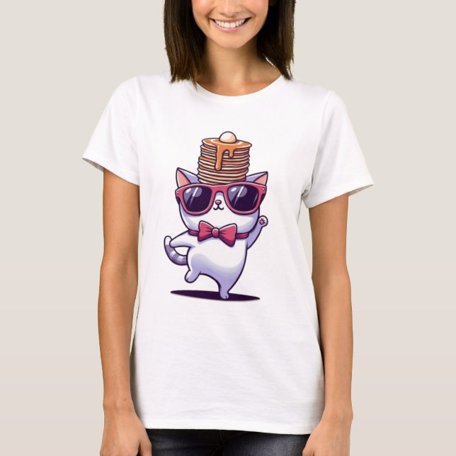 Cute funny cat balancing pancake stack T-Shirt (Front)