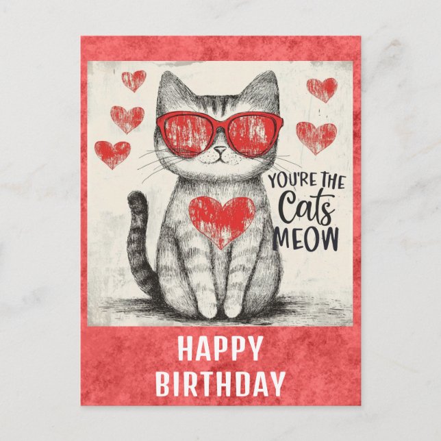 Cute Funny Cat Happy Birthday Hearts Postcard (Front)