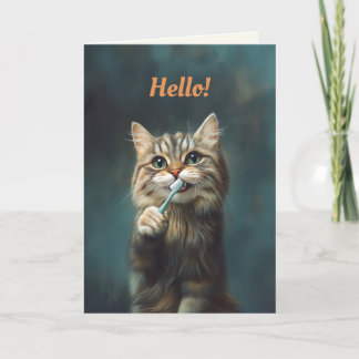 Cute Funny Cat Holding Toothbrush Folded Card