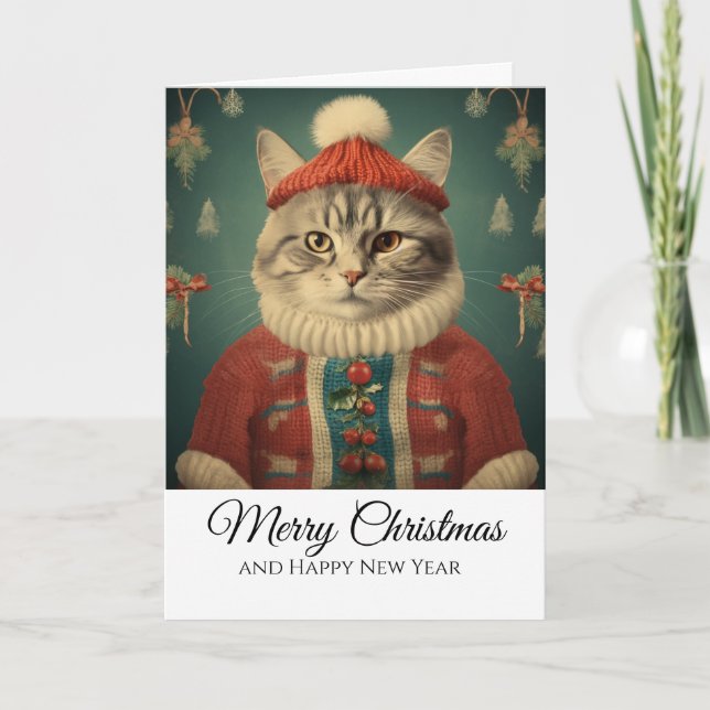 Cute Funny Cat in Costume Script Merry Christmas  Card (Front)