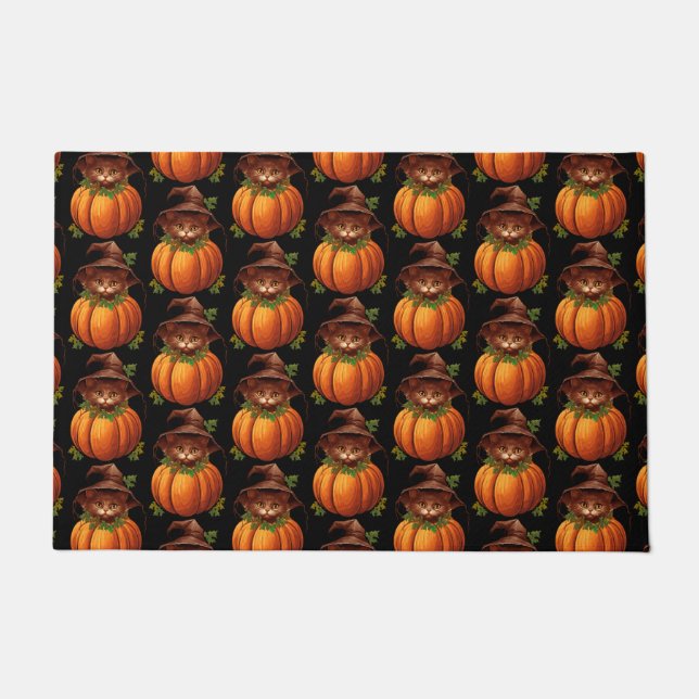 CUTE FUNNY CAT PUMPKIN DOORMAT (Front)