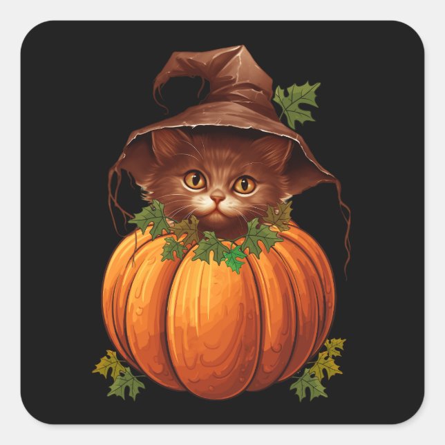 CUTE FUNNY CAT PUMPKIN SQUARE STICKER (Front)