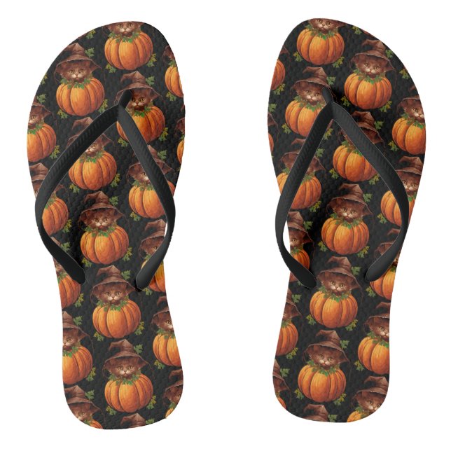 CUTE FUNNY CAT PUMPKIN THONGS (Footbed)