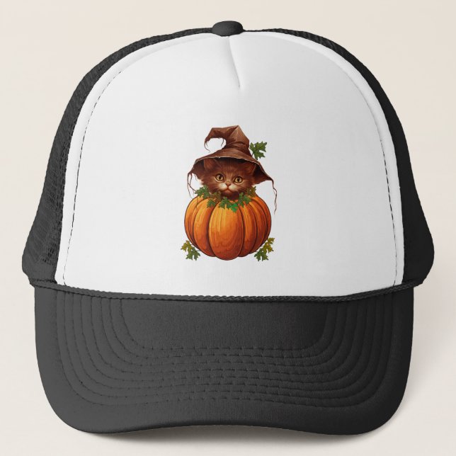 CUTE FUNNY CAT PUMPKIN TRUCKER HAT (Front)