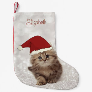 Cute Funny Cat With Santa Hat,Glittery Bokeh Small Christmas Stocking
