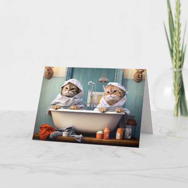 Cute Funny Cats Couple in Bathtub Folded Card (Front)